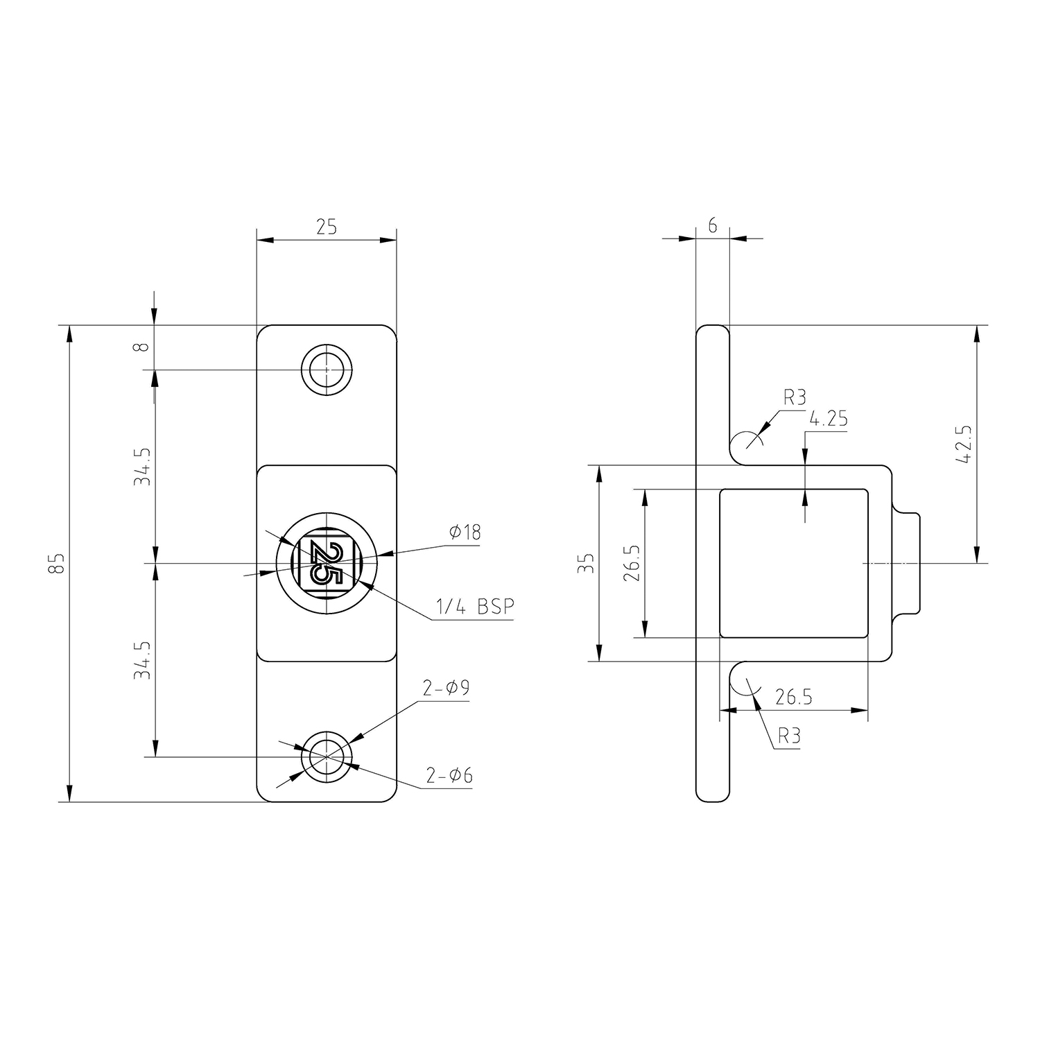 Doos Oogdeel dubbele lip - zwart - vierkant - 25 mm