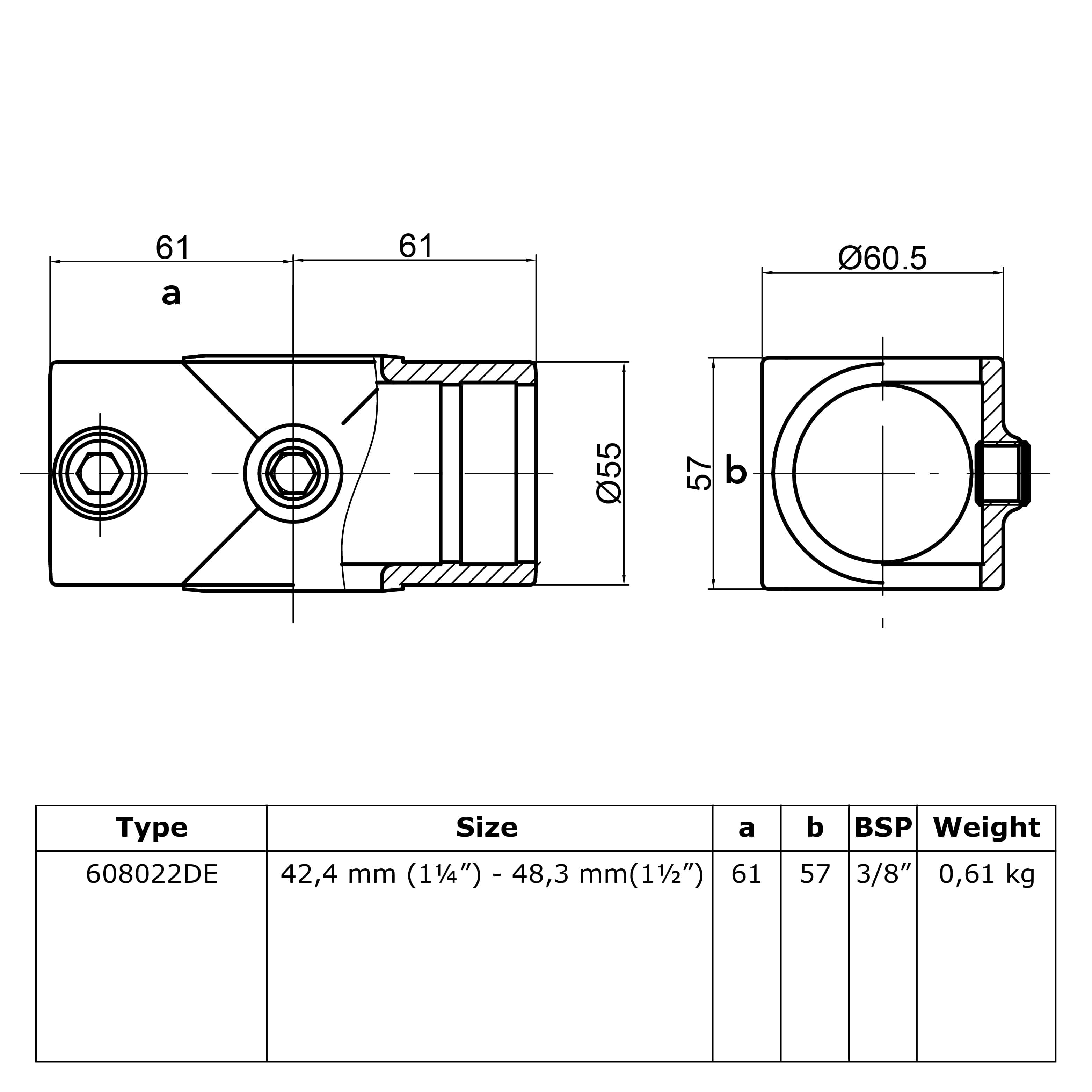 Doos Kruisstuk in 1 vlak - verloop-DE / 42,4 mm - 48,3 mm