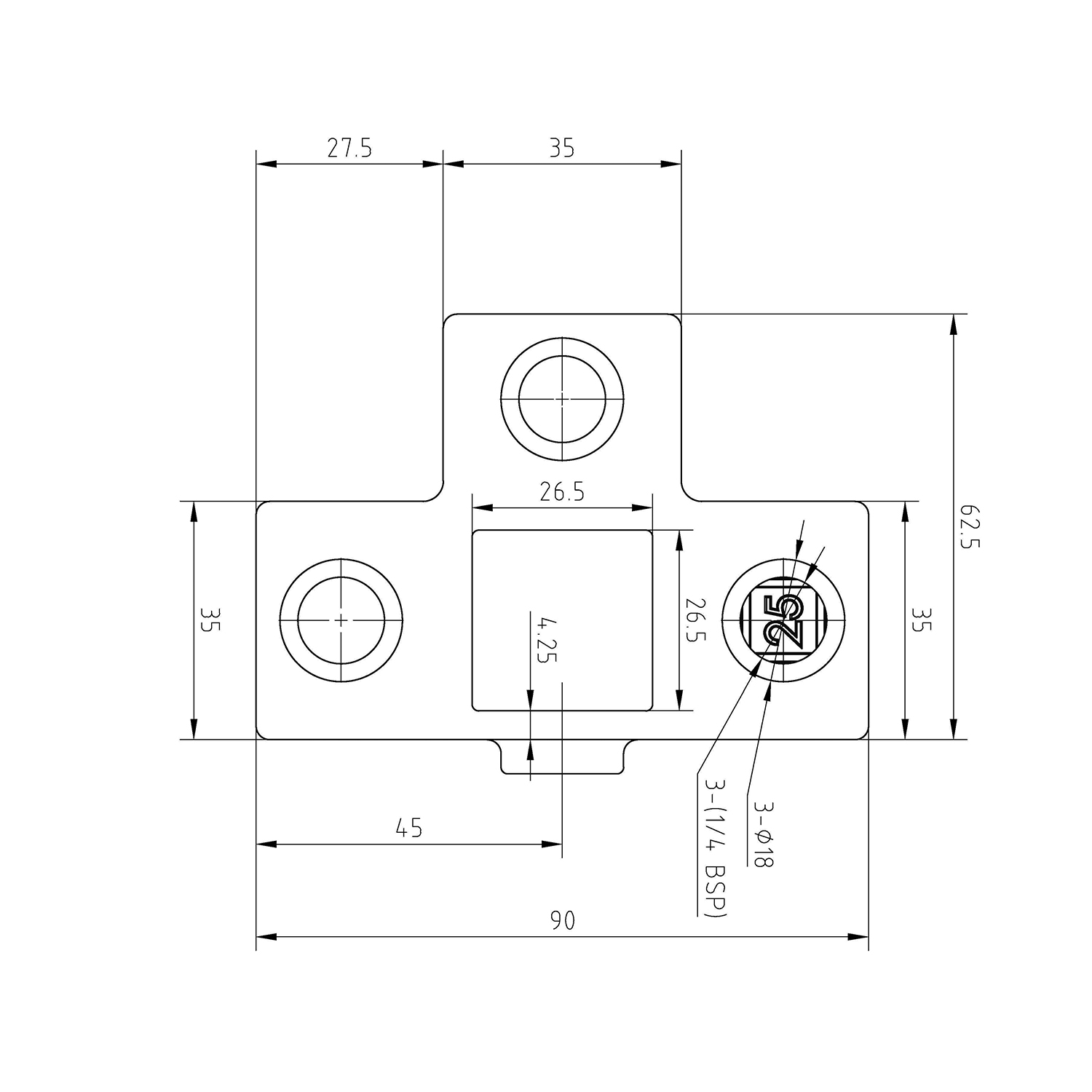 Doos T-Stuk met zij-uitgang - zwart - vierkant - 40 mm