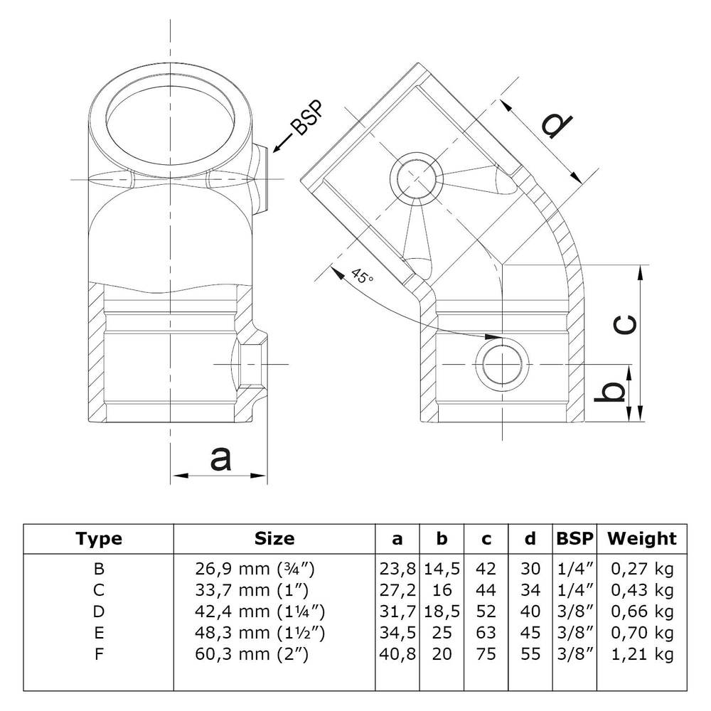 Buiskoppeling Kort T-stuk 45°-B / 26,9 mm